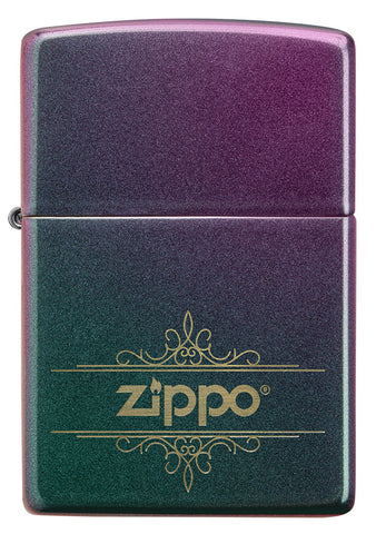 Zippo Lighter Front View Iridescent Matte in Green Blue Purple with Squiggly Zippo Logo
