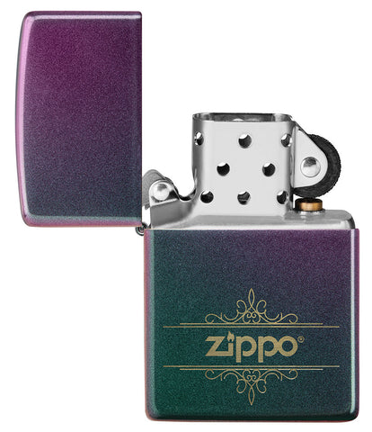 Zippo Lighter Front View Iridescent Matte Opened in Green Blue Purple with Squiggly Zippo Logo