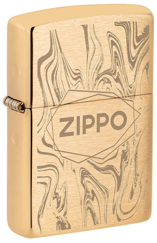 Zippo lighter front view ¾ angle brushed brass in marble look with logo