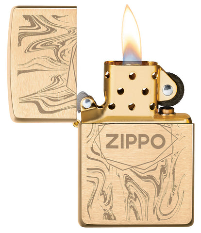 Zippo Lighter Brushed Brass in Marble Look with Logo Opened with Flame