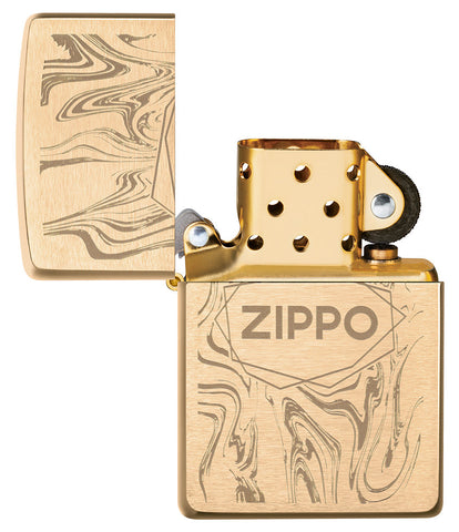 Zippo lighter brushed brass in marble look with logo opened without flame 
