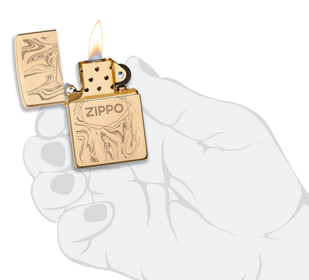 Zippo lighter brushed brass in marble look with logo opened with flame in stylised hand