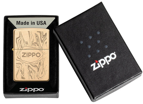 Zippo Lighter Brushed Brass in Marble Look with Logo in Open Gift Box