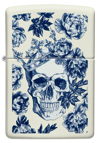 Zippo lighter front view glows in the dark skull with crown surrounded by blue flowers