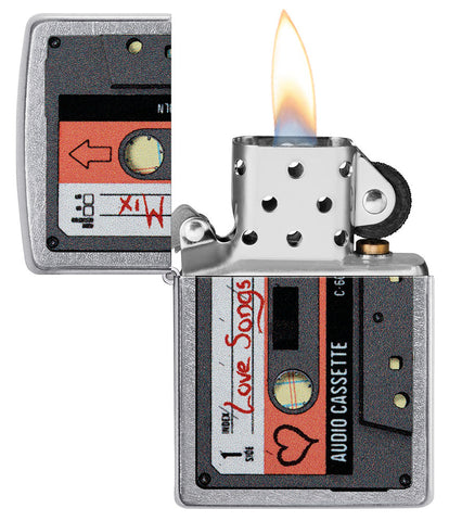 Zippo Lighter Front View Cassette Mix Tape with Inscription Love Songs Mix and Heart Open with Flame