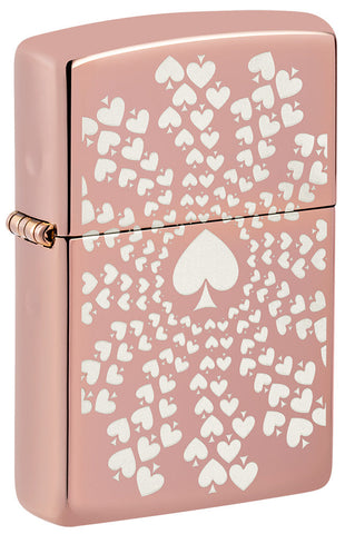Zippo lighter front view ¾ angle high gloss rose gold with many aces arranged in a circle on chrome background