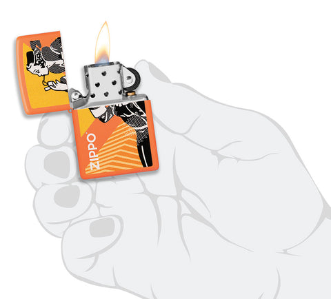 Zippo Feuerzeug Orange Matt mit rauchender Windy und Logo geöffnet mit Flamme in stilisierter Hand