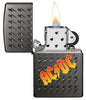 AC/DC® logo Grey Windproof Lighter with its lid open and lit