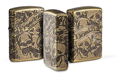 Grouped view Armor® Antique Brass Skull Design Windproof Lighter