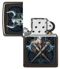 Anne Stokes Viking Skull High Polish Black windproof lighter with lid open and not lit