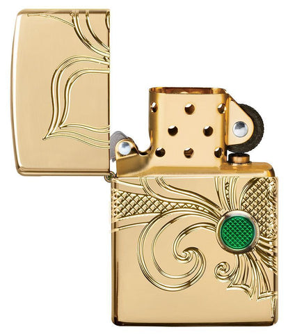 Armor Fleur-de-lis High Polish Gold Plate windproof lighter with its lid open and not lit