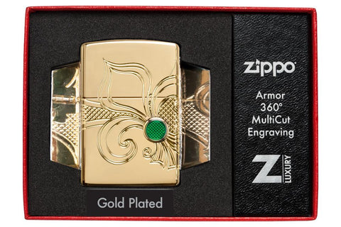 Armor Fleur-de-lis High Polish Gold Plate windproof lighter in packaging