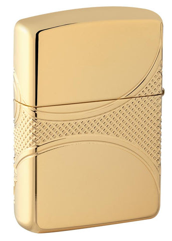 Armor Fleur-de-lis High Polish Gold Plate windproof lighter showing the back at a 3/4 angle