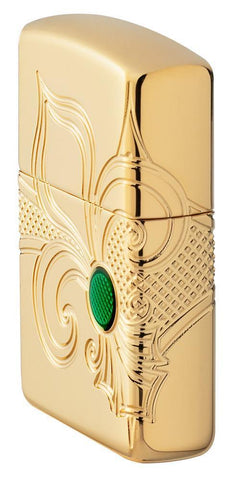 Armor Fleur-de-lis High Polish Gold Plate windproof lighter showing the right side where design wraps