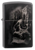 Skull Mountain Black Ice Windproof Lighter facing forward at a 3/4 angle