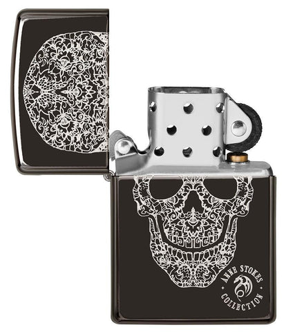Anne Stokes Fancy Skull High Polish Black windproof lighter with its lid and not lit