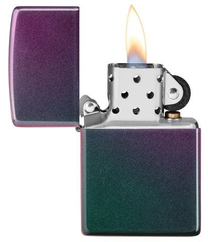 Iridescent windproof lighter with the lid open and lit