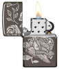 Currency 360 Design Black Ice windproof lighter with its lid open and lit