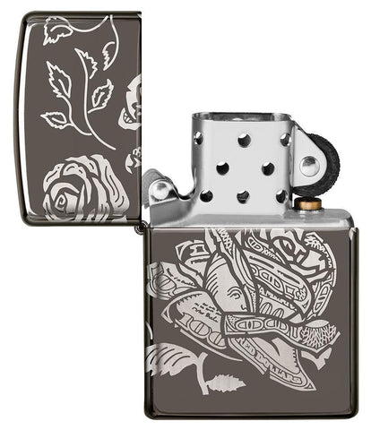 Currency 360 Design Black Ice windproof lighter with its lid open and not lit