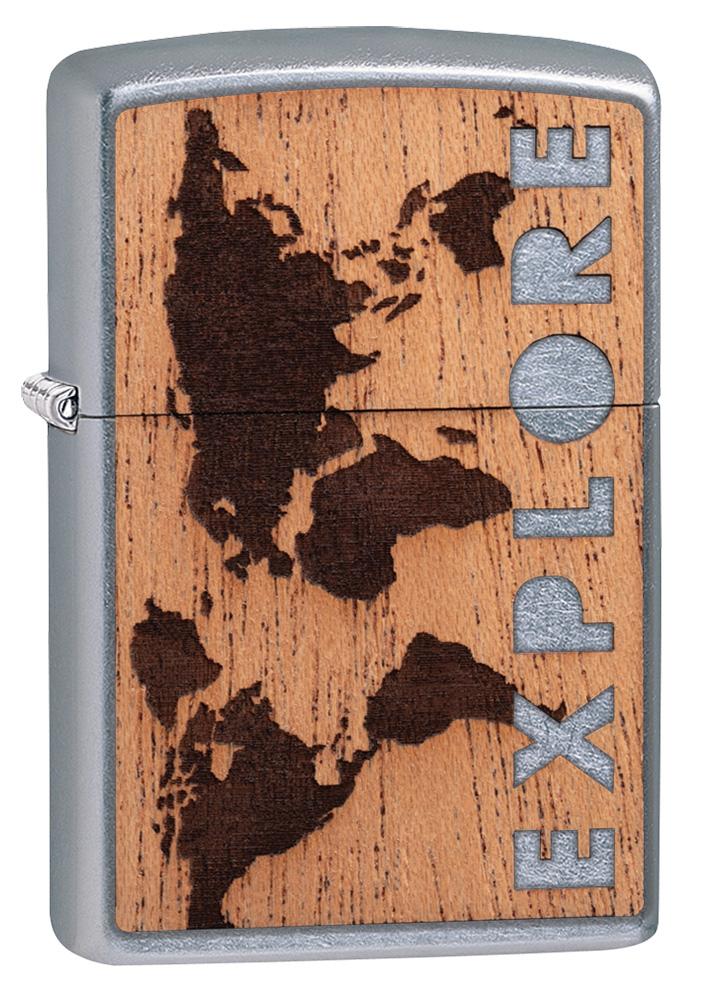 WOODCHUCK USA Explore Mahogany Emblem Street Chrome windproof lighter facing forward at a 3/4 angle
