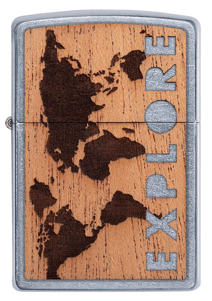WOODCHUCK USA Explore Mahogany Emblem Street Chrome windproof lighter facing forward