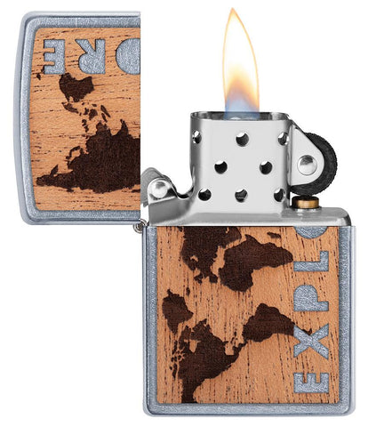 WOODCHUCK USA Explore Mahogany Emblem Street Chrome windproof lighter with its lid open and lit