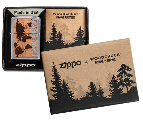 WOODCHUCK USA Explore Mahogany Emblem Street Chrome windproof lighter in packaging