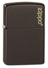 Brown Zippo Logo windproof lighter facing forward at a 3/4 angle