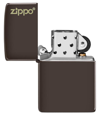 Brown Zippo Logo windproof lighter with the lid open and not lit