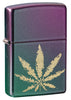 Iridescent Marijuana Leaf Windproof Lighter facing forward at a 3/4 angle