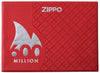 Zippo lighter 600 Million front view closed luxury packaging in red with 600 Million logo surrounded by white flame