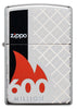 Zippo lighter 600 million front view in high polished chrome optic with 360° laser engraving with lighter name surrounded by a red flame and with a black bar on the side