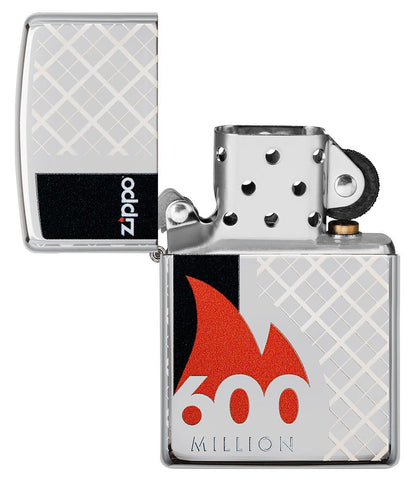 Zippo Lighter 600 Million front view opened in high polished chrome optic with 360° laser engraving with lighter name surrounded by a red flame and with a black bar on the side