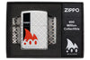 Zippo Lighter 600 Million front view in high polished chrome optic with 360° laser engraving with lighter name surrounded by a red flame and with a black bar on the side in exclusive gift box