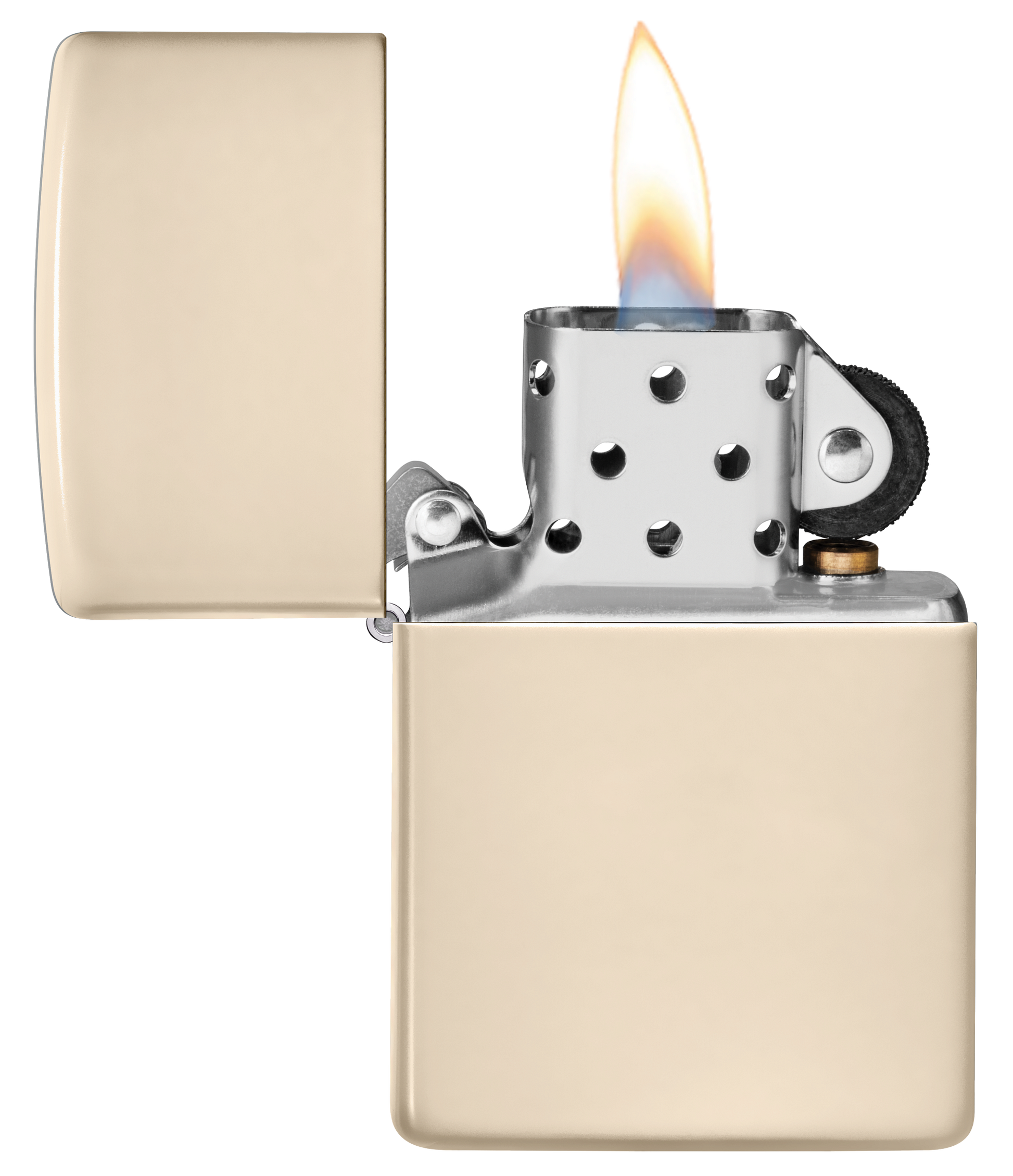 Briquet Zippo vue de face du briquet tempête Zippo Flat Sand ouvert, avec flamme
