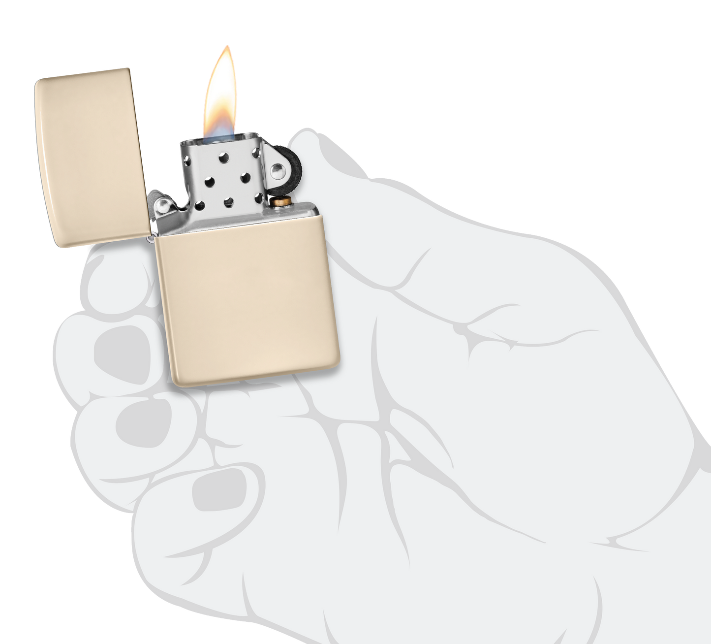 Briquet tempête Zippo Flat Sand dans une main pour représenter la taille du briquet