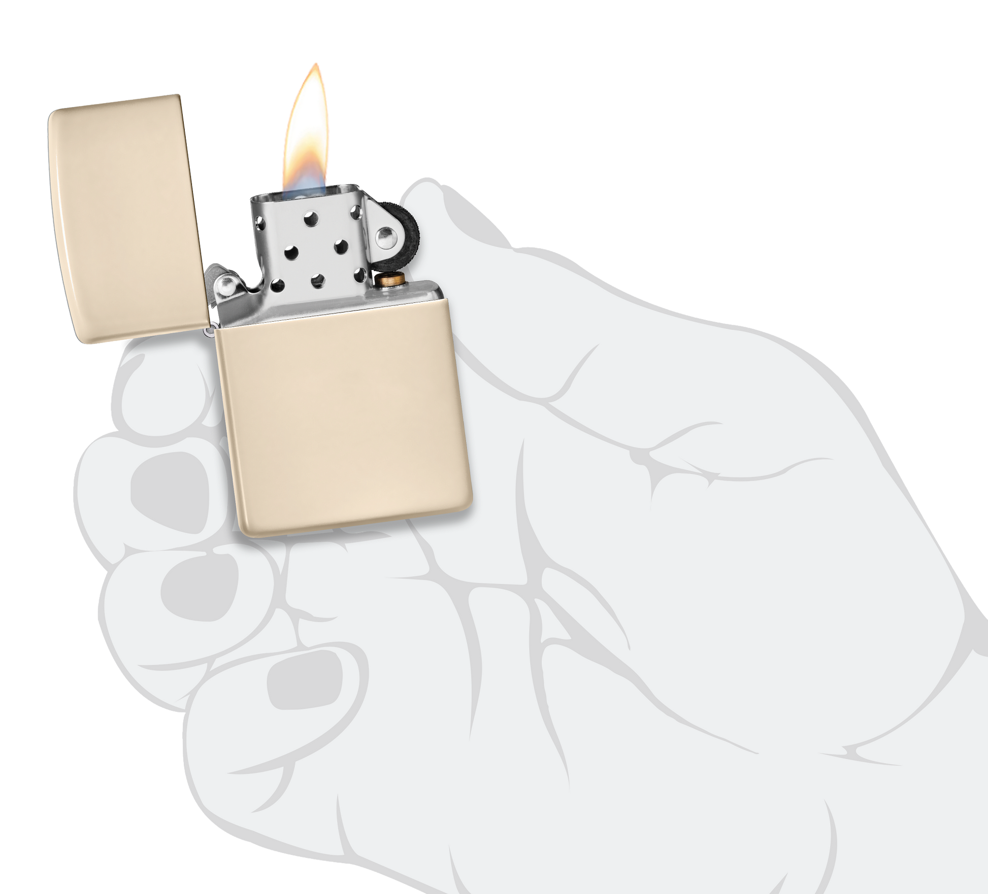 Briquet tempête Zippo Flat Sand dans une main pour représenter la taille du briquet
