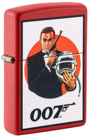 Zippo lighter front view ¾ angle matt red with James Bond 007™ in a black suit as well as pistol and astronaut helmet