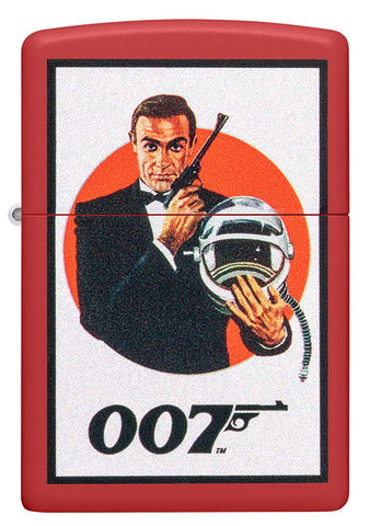 Zippo lighter front view matt red with James Bond 007™ in a black suit as well as pistol and astronaut helmet