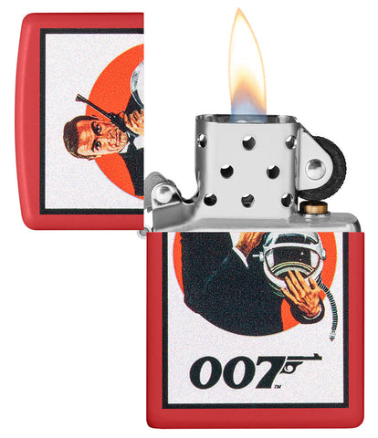 Zippo lighter matt red with James Bond 007™ in a black suit and pistol and astronaut helmet open with flame