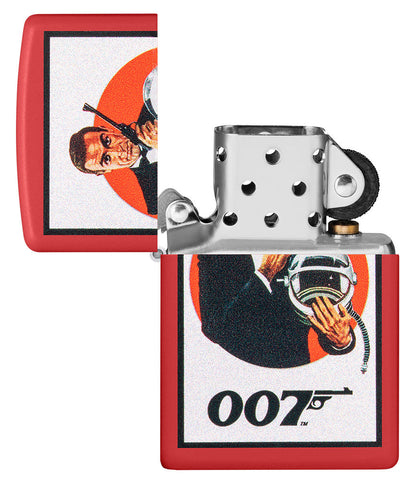 Zippo lighter matt red with James Bond 007™ in a black suit and pistol and astronaut helmet opened without flame