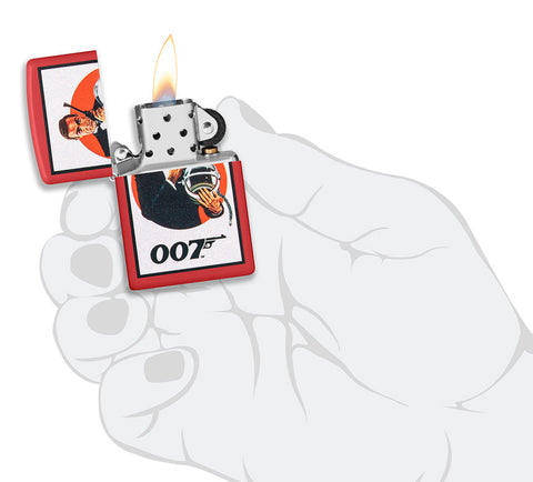 Zippo lighter matt red with James Bond 007™ in a black suit and pistol and astronaut helmet open with flame in stylised hand