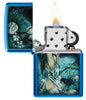 Zippo lighter glossy blue in mystic scenery with lightly dressed lady at the lake surrounded by skulls as well as crows opened with flame