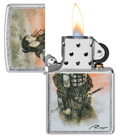 Zippo lighter front view colour illustration of an Asian warrior in green battle gear in the mist of the sunset opened with flame