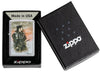 Zippo Lighter Front View Colour Illustration of Asian Warrior in Green Combat Gear in Sunset Mist in Open Box