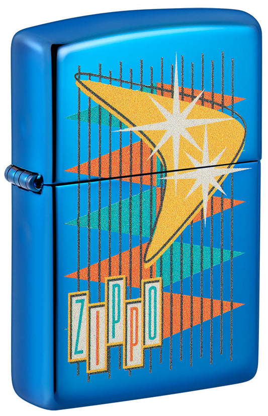 Zippo lighter front view ¾ angle blue high gloss in retro style with many coloured triangles as well as logo