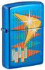 Zippo lighter front view ¾ angle blue high gloss in retro style with many coloured triangles as well as logo