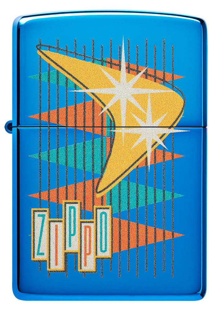 Zippo lighter blue high-gloss front view in retro style with many coloured triangles as well as the logo