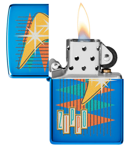 Retro-style high gloss blue Zippo lighter with many coloured triangles and the open logo with the flame