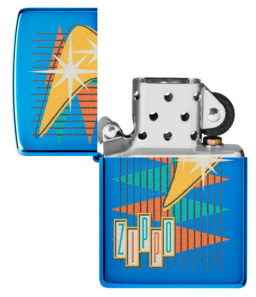 High-gloss blue Zippo lighter in retro style with many coloured triangles and flameless open logo